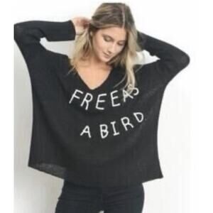Boho Oversized Loose Knit Black Sweater Free As A Bird Embroidery Long Top Small